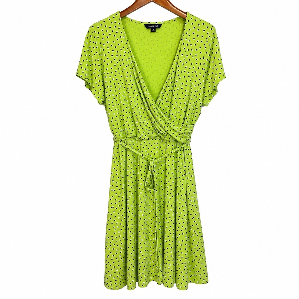 Lands End Womens Size 18 Lime Green Polka Dot Faux Wrap Dress Short Sleeve